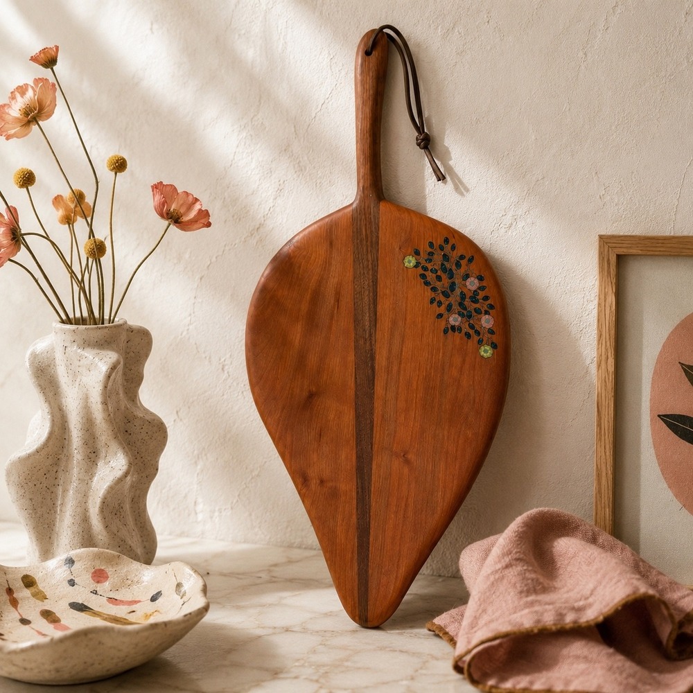 Vintage Teak Serving Board Kitchen Paddle Floral Inlay Wall Decor 1970s Boho